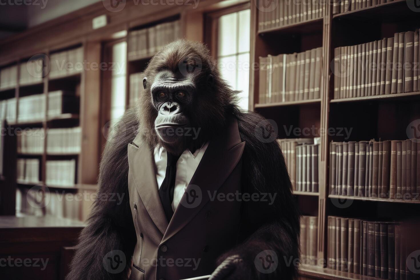 Ape wearing a suit in a library photo