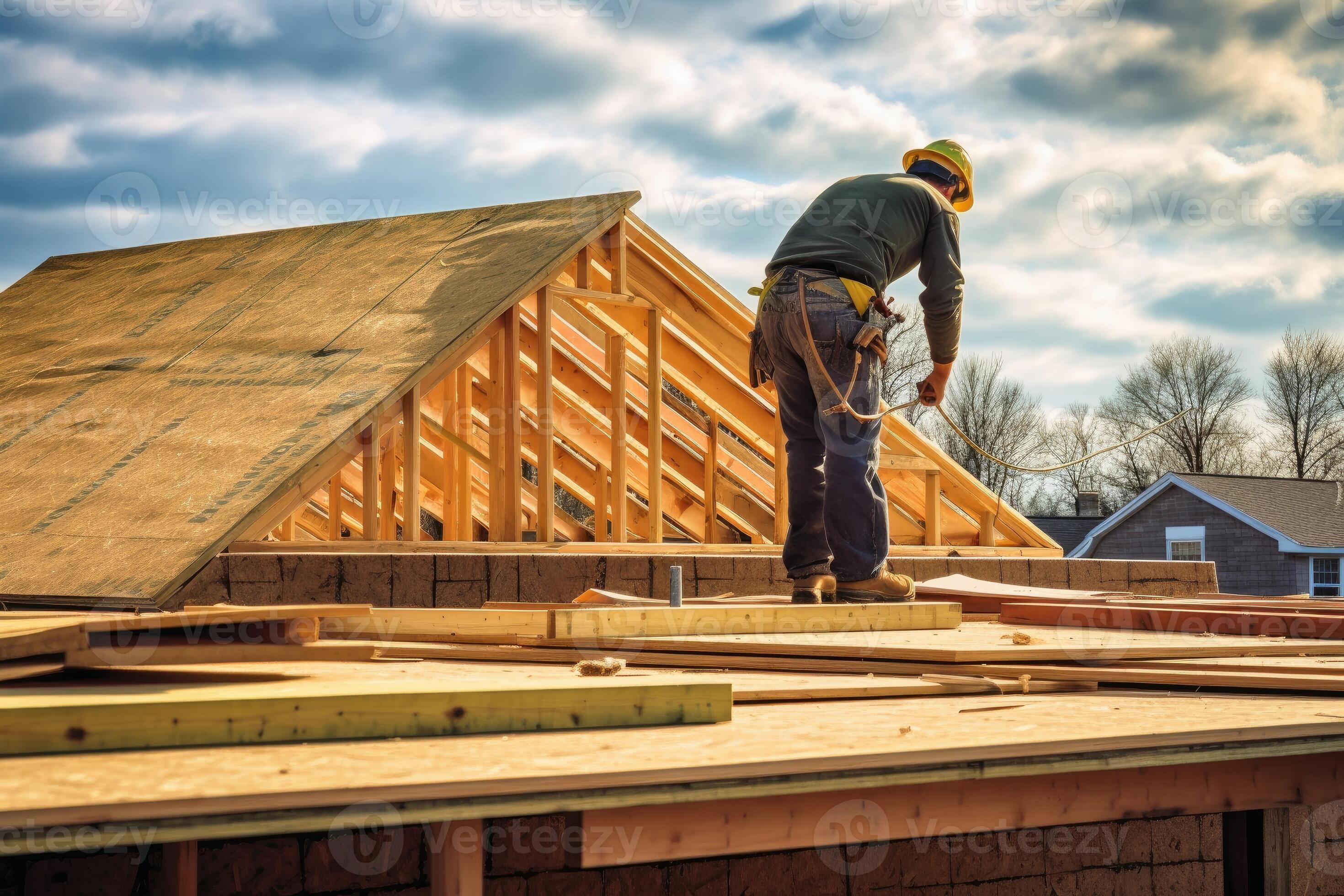 Carpenters build a roof on a residential house created with generative