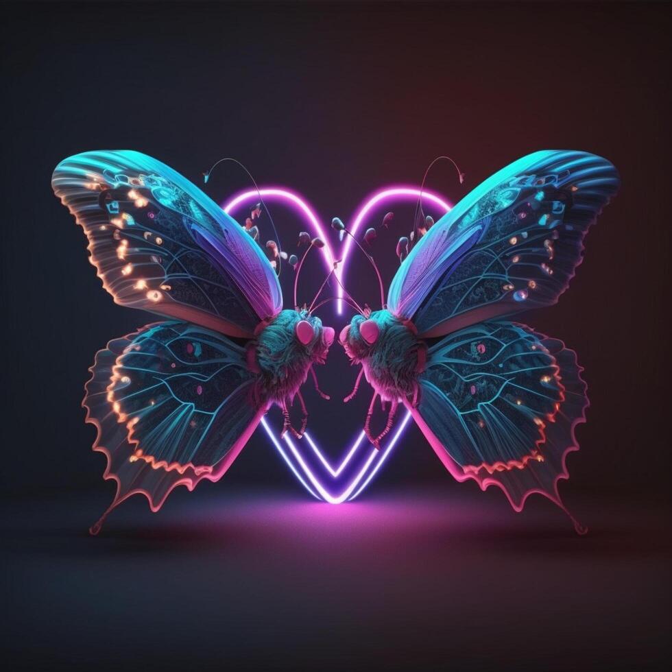 Neon glowing butterfly animal isolated on dark background, phantasmal iridescent, psychic waves created with technology photo