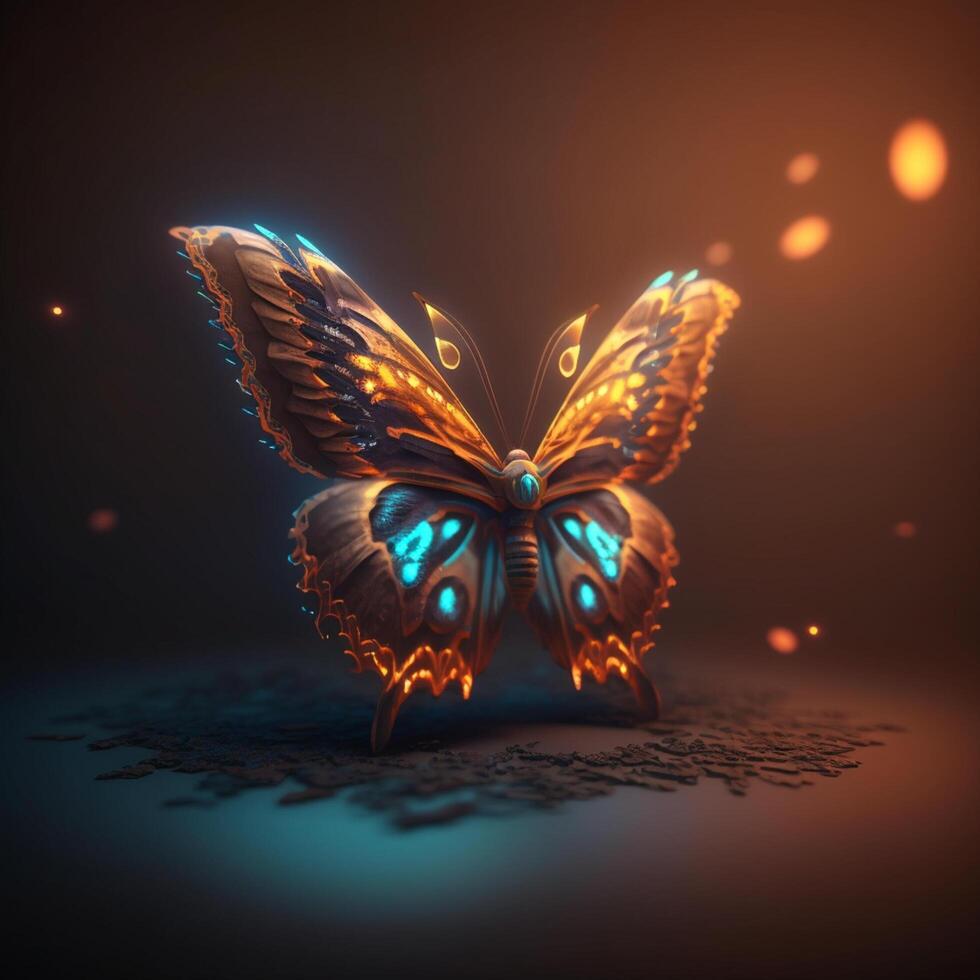 Neon glowing butterfly animal isolated on dark background, phantasmal iridescent, psychic waves created with technology photo