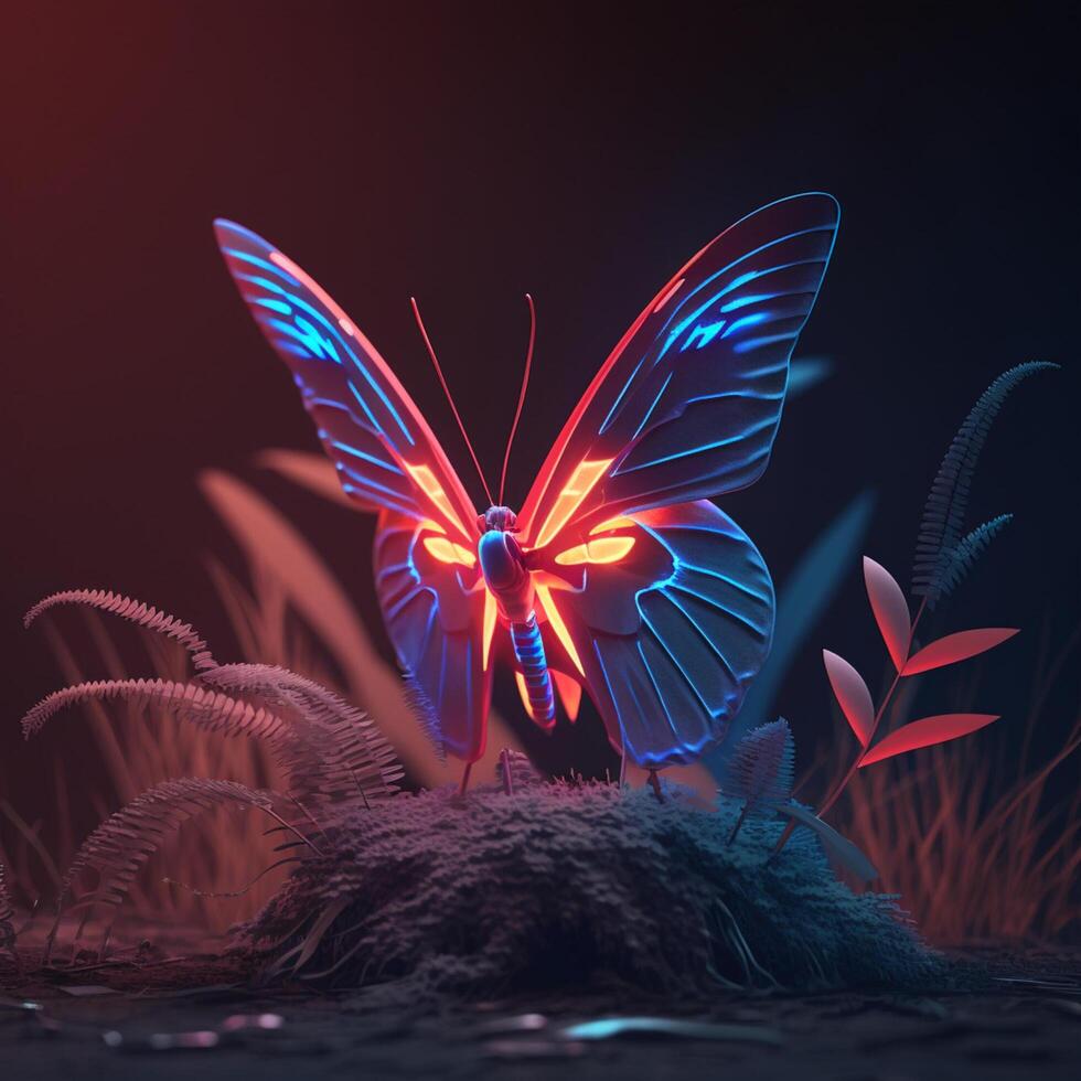 Neon glowing butterfly animal isolated on dark background, phantasmal iridescent, psychic waves created with technology photo