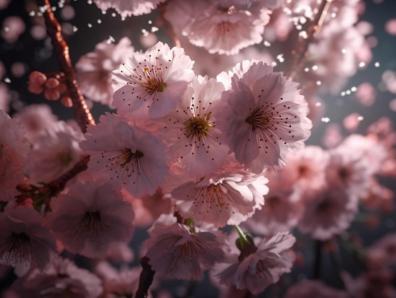 Closeup of spring seasonal cherry blossom flower on bokeh background. Created with technology. photo