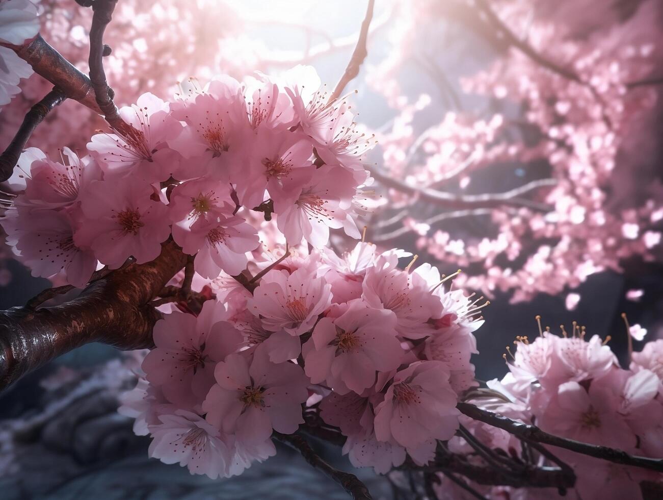 Closeup of spring seasonal cherry blossom flower on bokeh background. Created with technology. photo