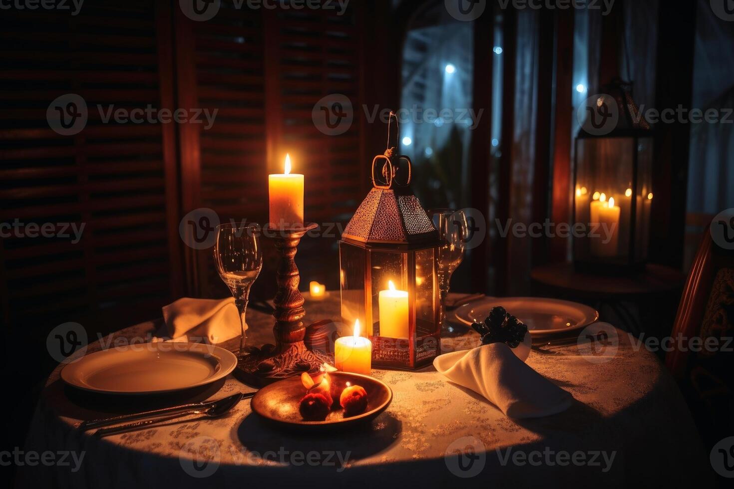 A romantic dinner table for two with candlelight created with technology. photo