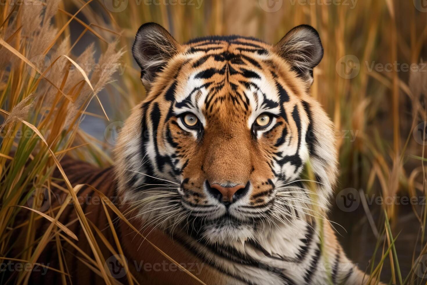 A strong tiger in the high grass at a river created with technology. photo