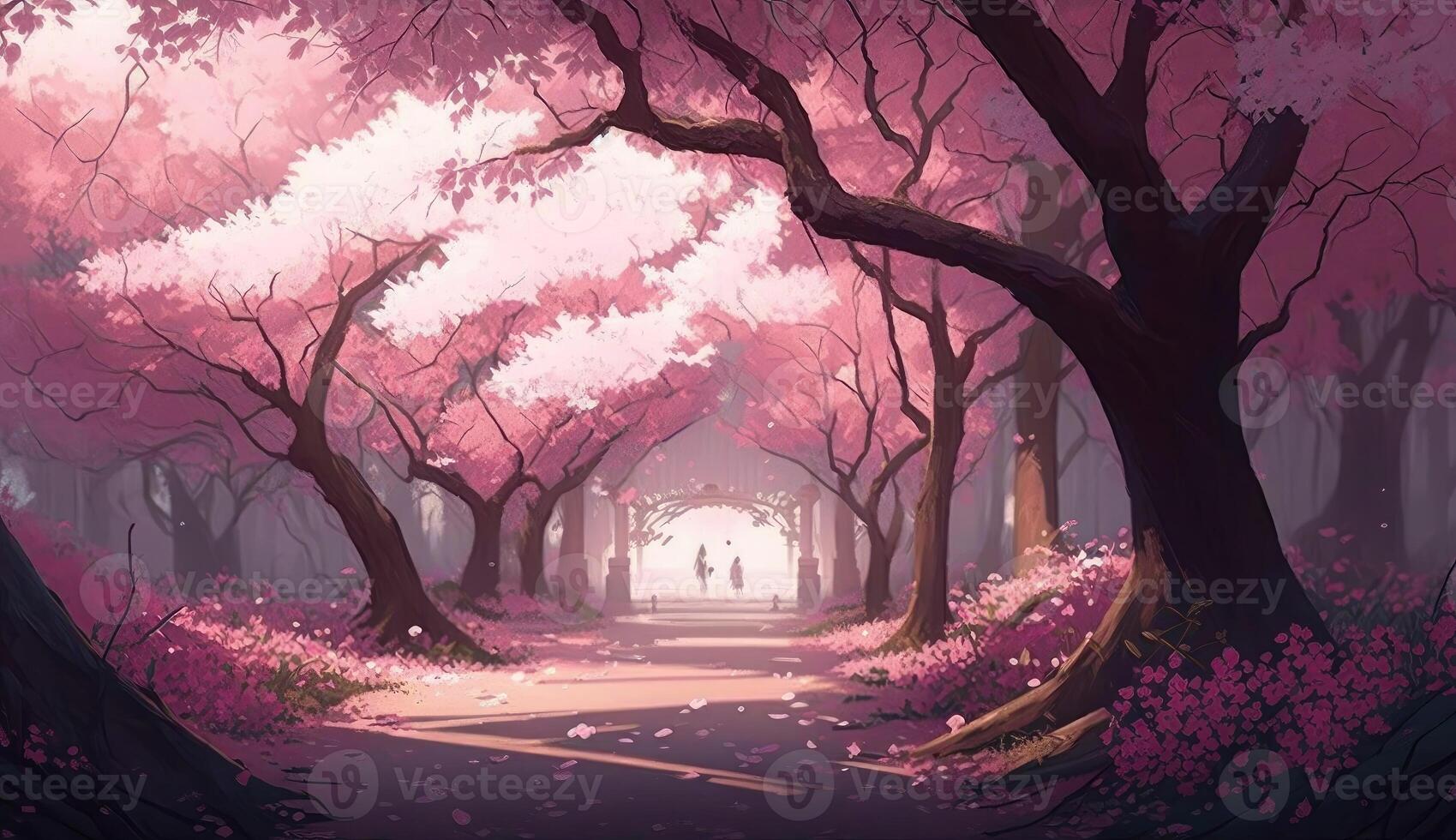 park many pink sakura trees photo