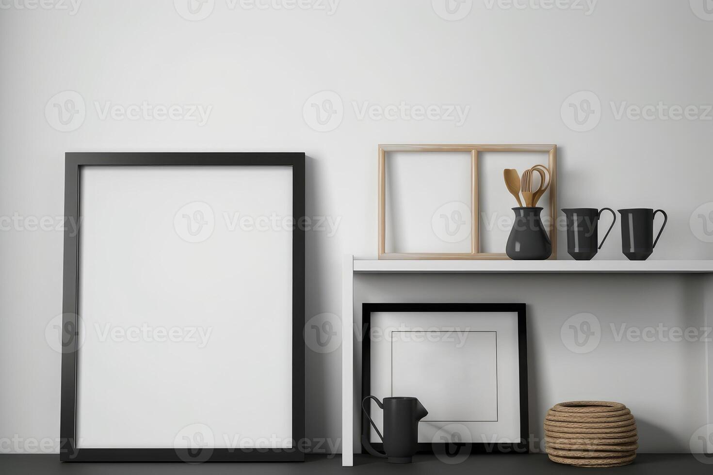 Frame Mockup on kitchen white picture frame with a thin black border sits on top of a wooden bookshelf . photo