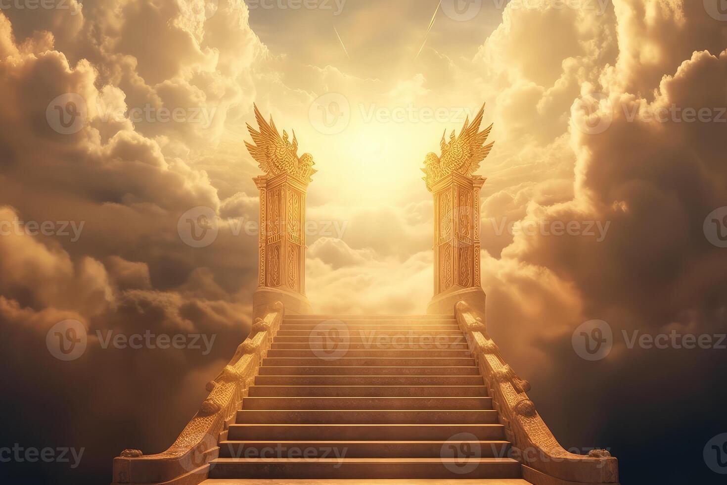 heavenly stairway to heaven with floating clouds angelic angels . photo