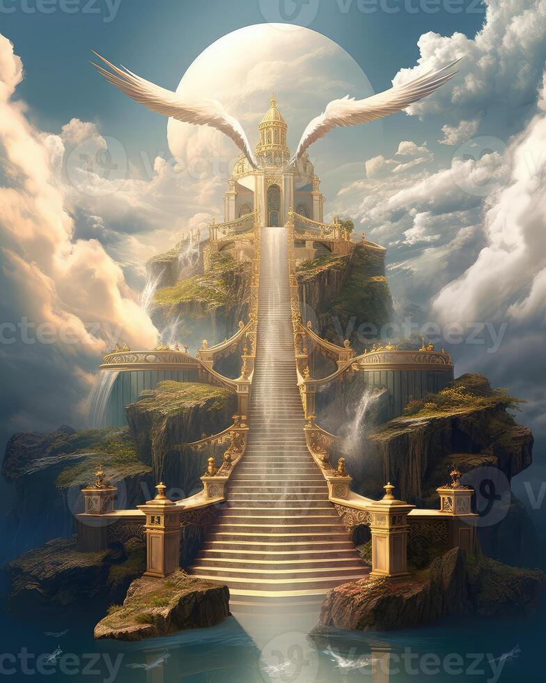 heavenly stairway to heaven with floating clouds angelic angels . photo