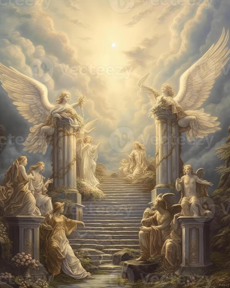 heavenly stairway to heaven with floating clouds angelic angels . photo