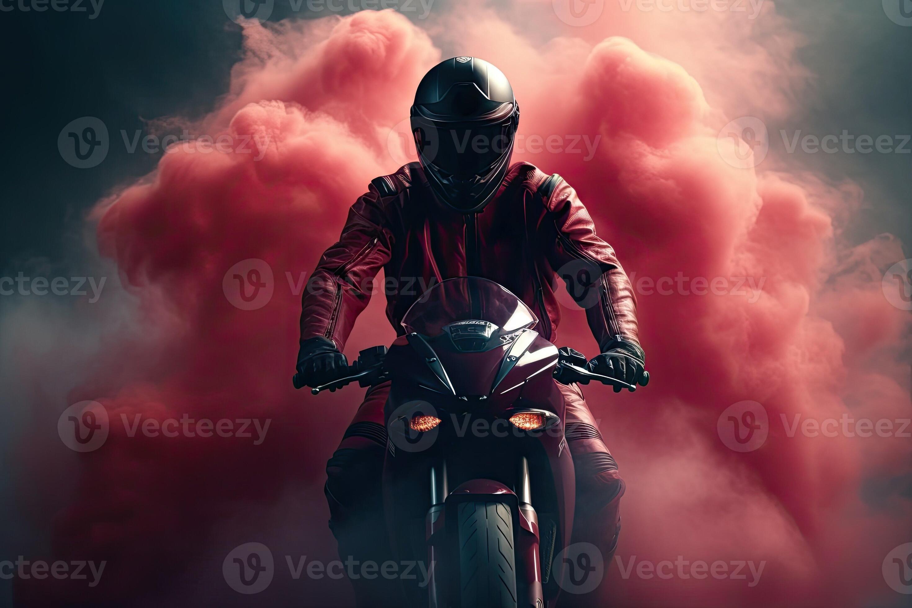 a motorcycle rider flying through a smoke trail. 23775902 Stock Photo