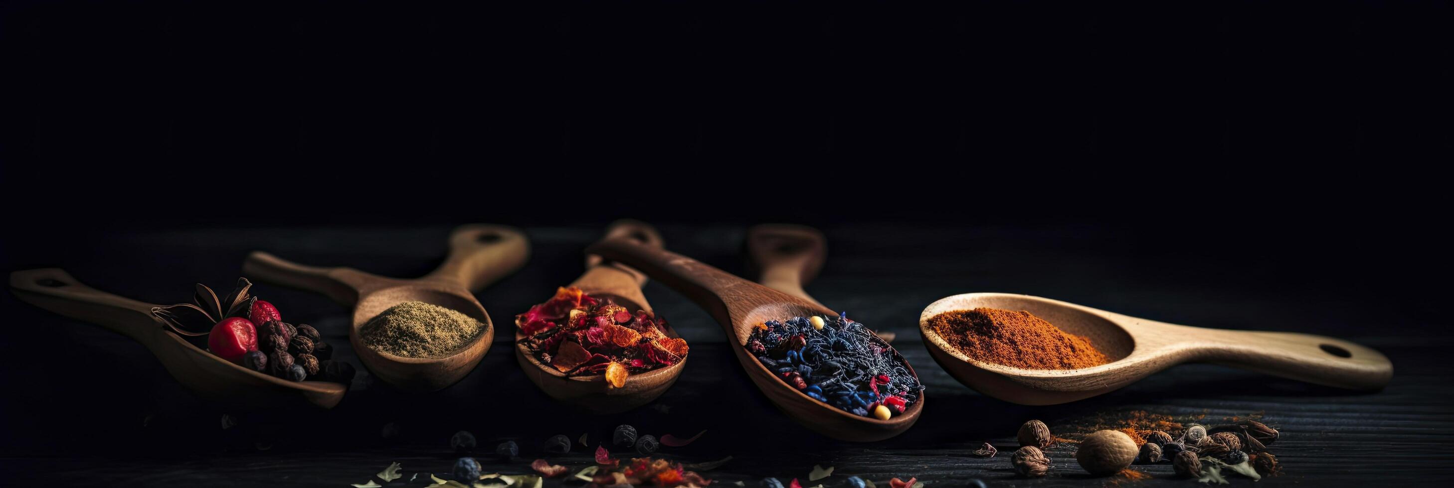 A row of wooden spoons filled with different types of spices on black background. photo