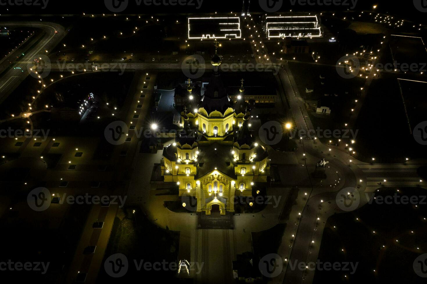 Alexander Nevsky Cathedral, taken from a quadcopter at night. photo