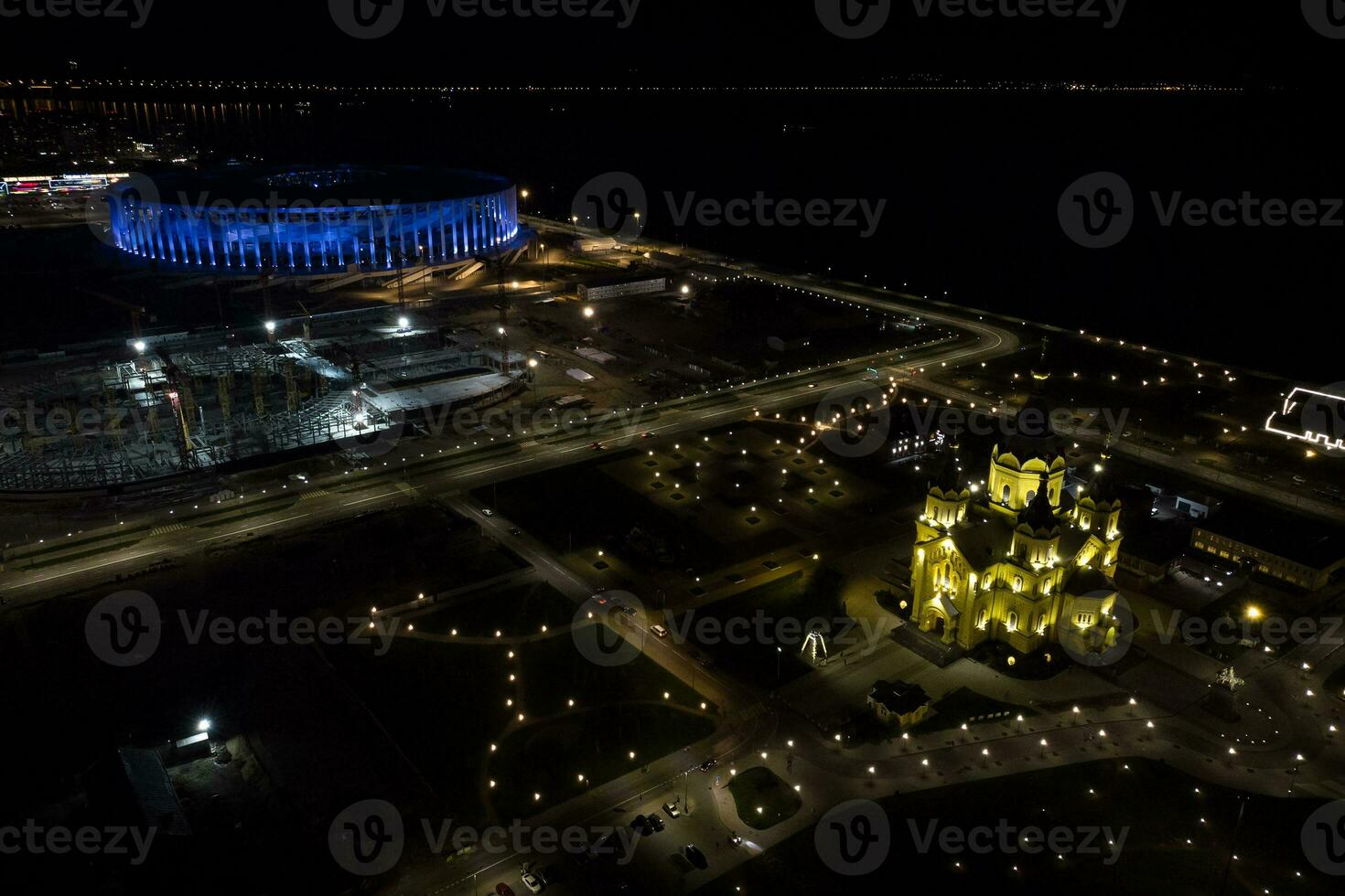 Alexander Nevsky Cathedral, taken from a quadcopter at night. photo
