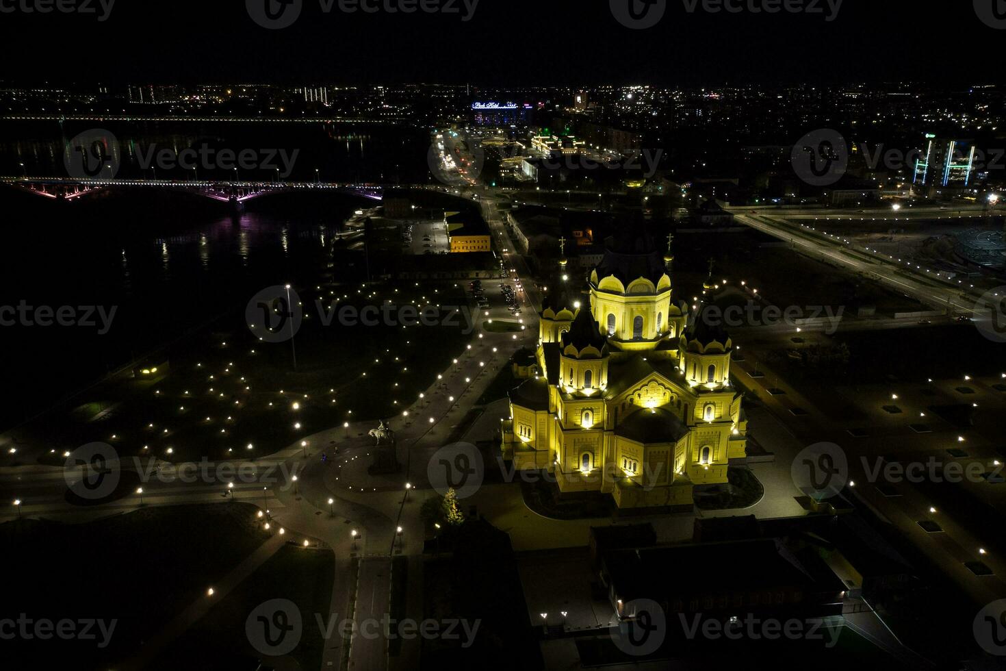 Alexander Nevsky Cathedral, taken from a quadcopter at night. photo
