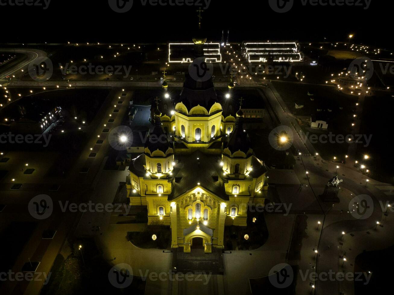 Alexander Nevsky Cathedral, taken from a quadcopter at night. photo