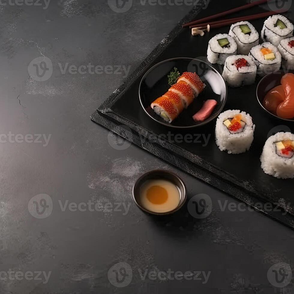 Freshly made sushi rolls isolated on a black background, perfect for food themed designs. Food poster template. photo