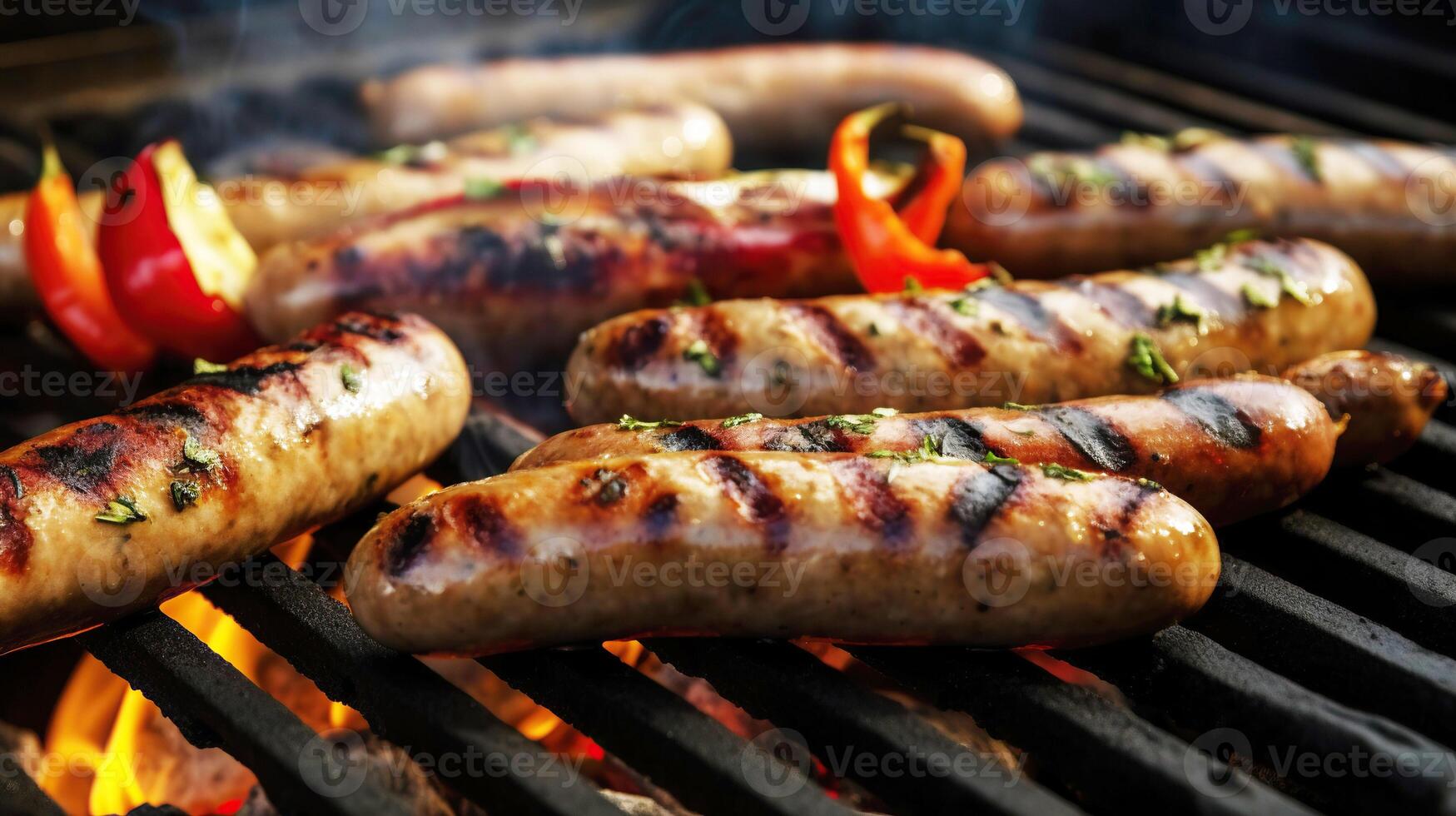 Grilled sausages and vegetables on a flaming BBQ grill. A delicious food poster for summer dining. photo