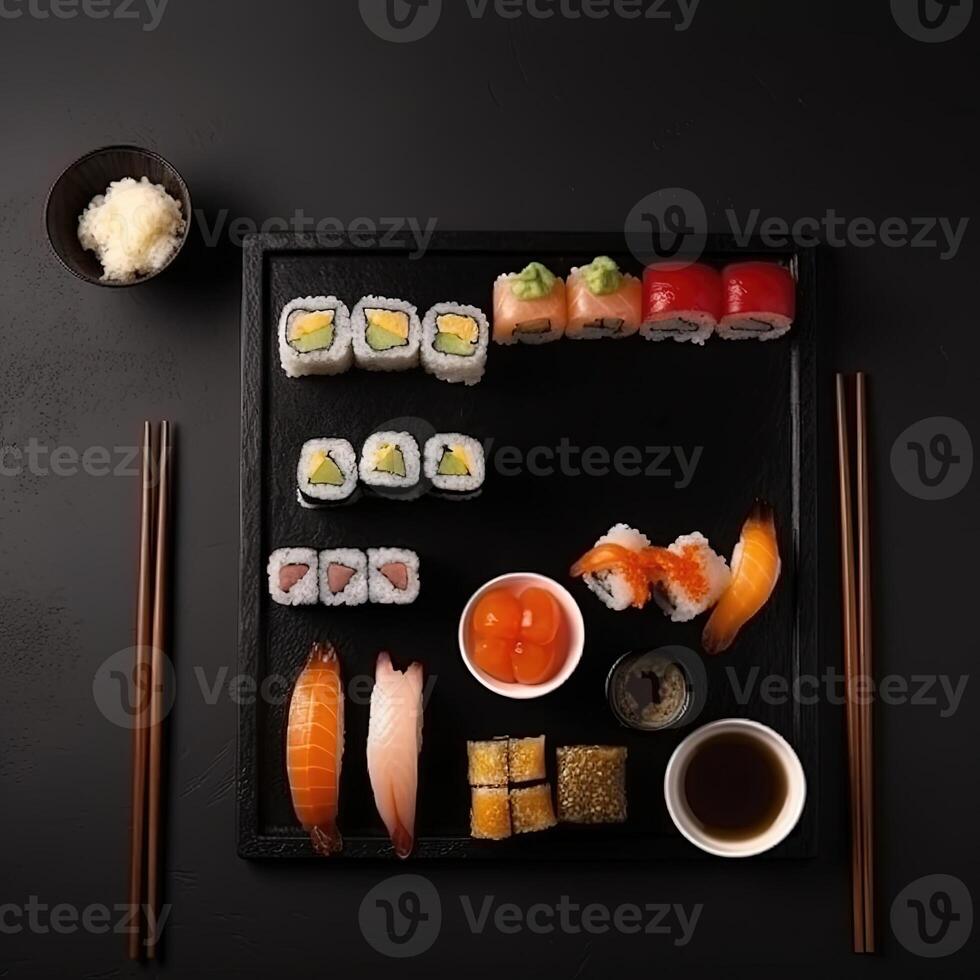 Freshly made sushi rolls isolated on a black background, perfect for food themed designs. Food poster template. photo