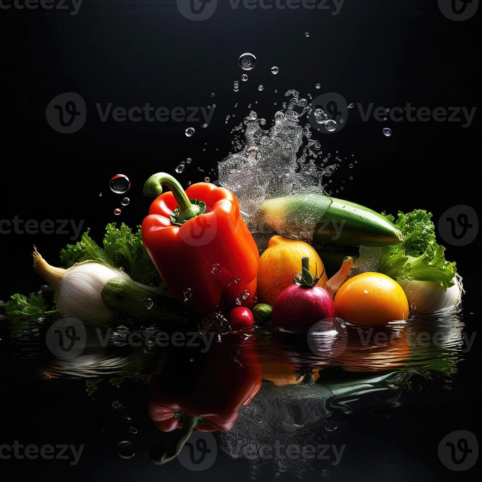 Black background with an assortment of fresh vegetables, fruits, and water splashes. Healthy food. . photo