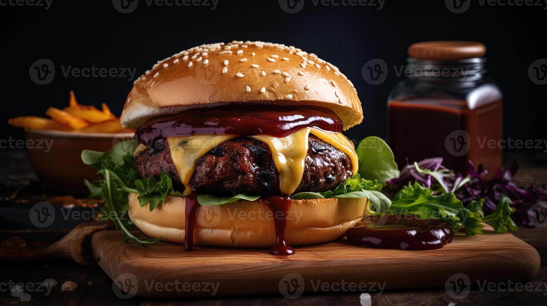 Delicious Burger Delight. Juicy patty, melted cheese, and crisp veggies on a dark backdrop. Perfectly satisfying. photo