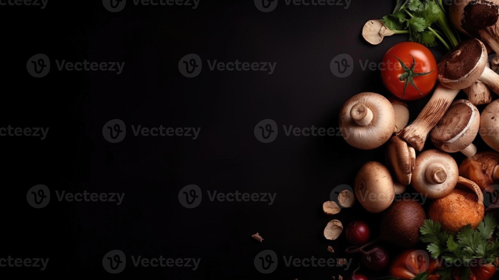 Mushroom Veggie Frame. Fresh organic vegetables and mushrooms on dark background. Perfect for wholesome food themes. photo