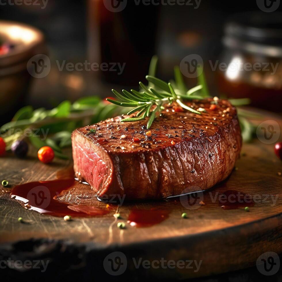 Juicy Beef Rib Eye Steak Slices on Wooden Board with Herbs, Spices, and Salt. photo