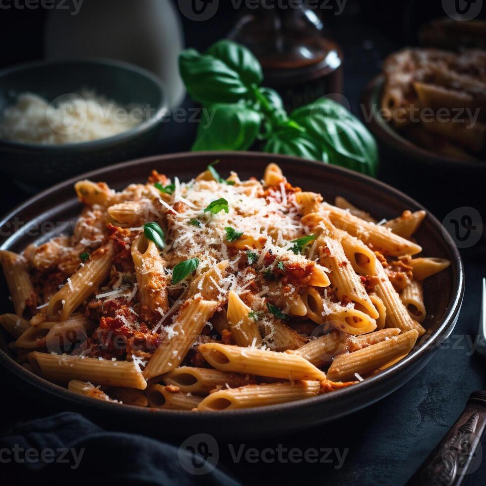 Delicious pasta dish with sauce on dark background. Perfect for food and Italian cuisine themes. photo