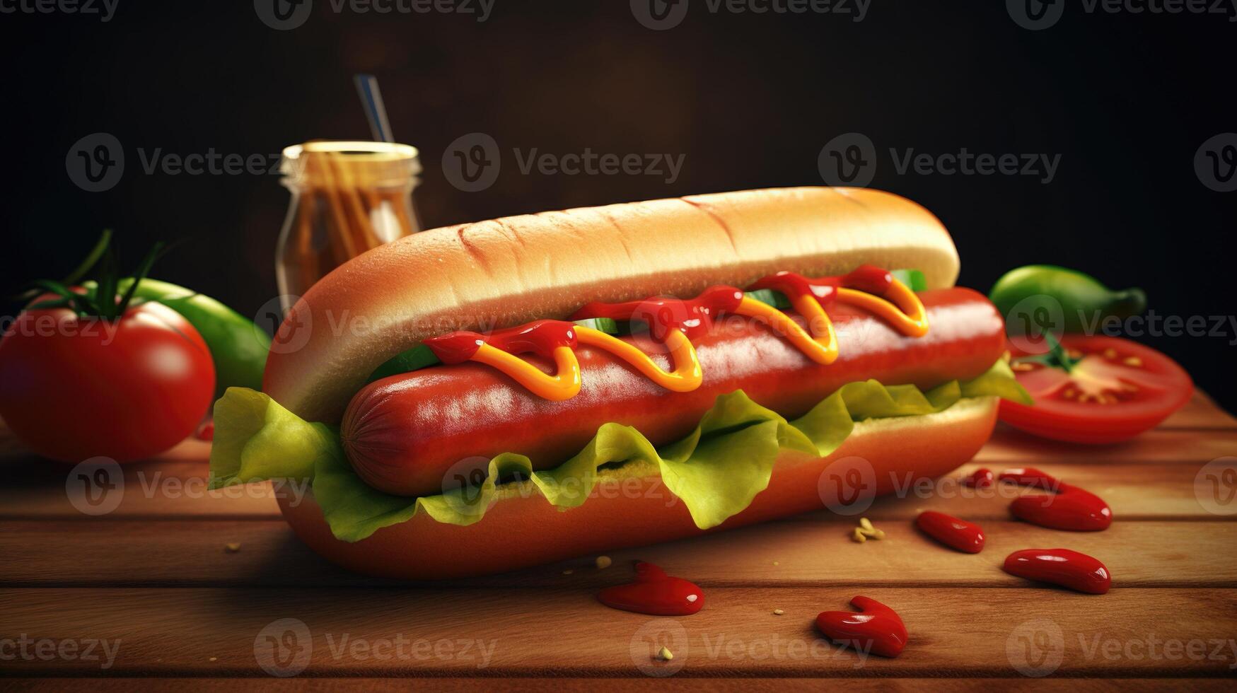 Juicy Hotdog with Spices, Toppings, Ketchup, Mayonnaise, and Fresh Salad. Colorful and Appetizing Against Dark Background. photo