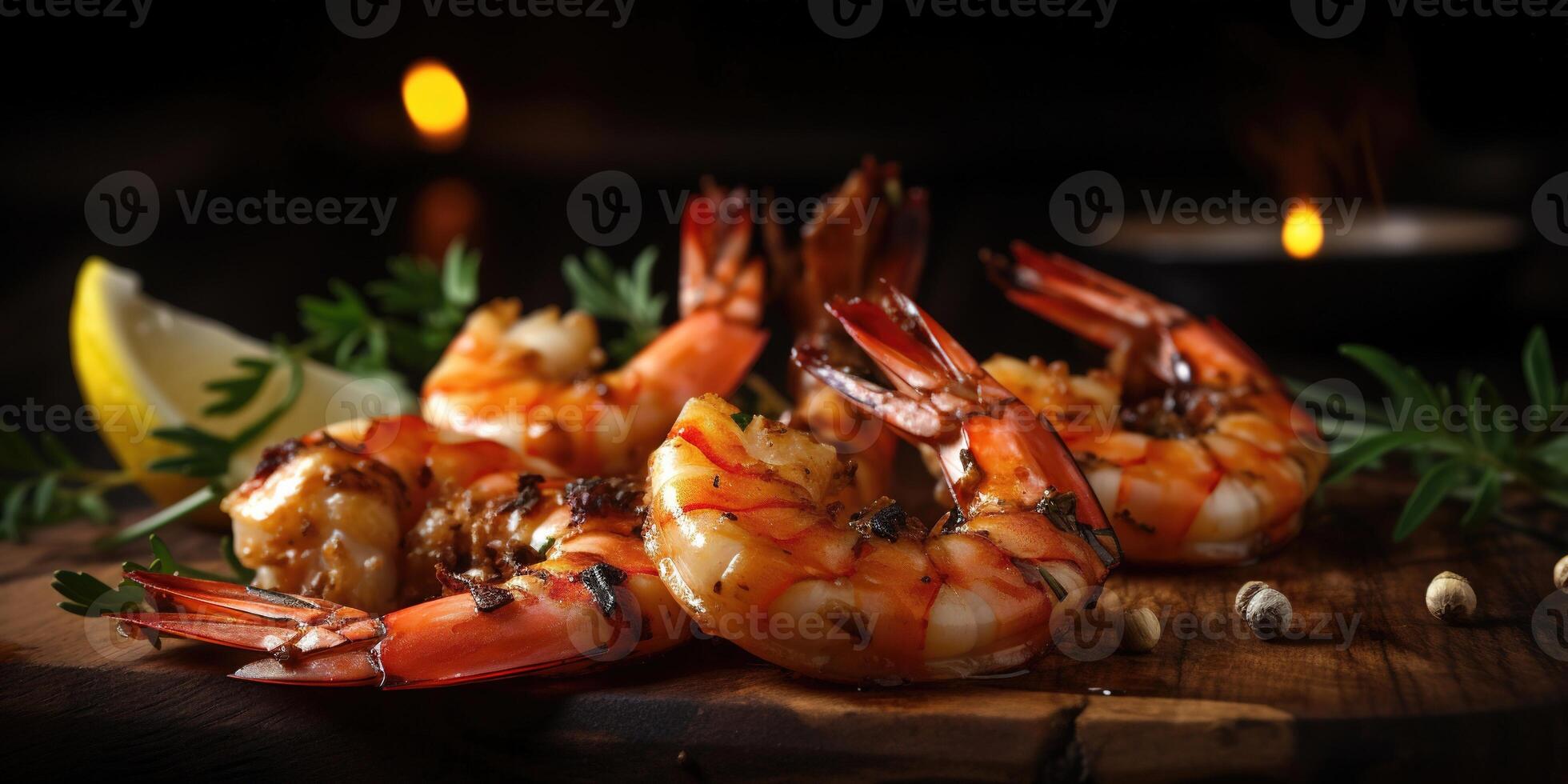 Juicy Shrimps on Rustic Wooden Plank with Lemon and Greens. Dark Background Adds Appetizing Contrast. photo