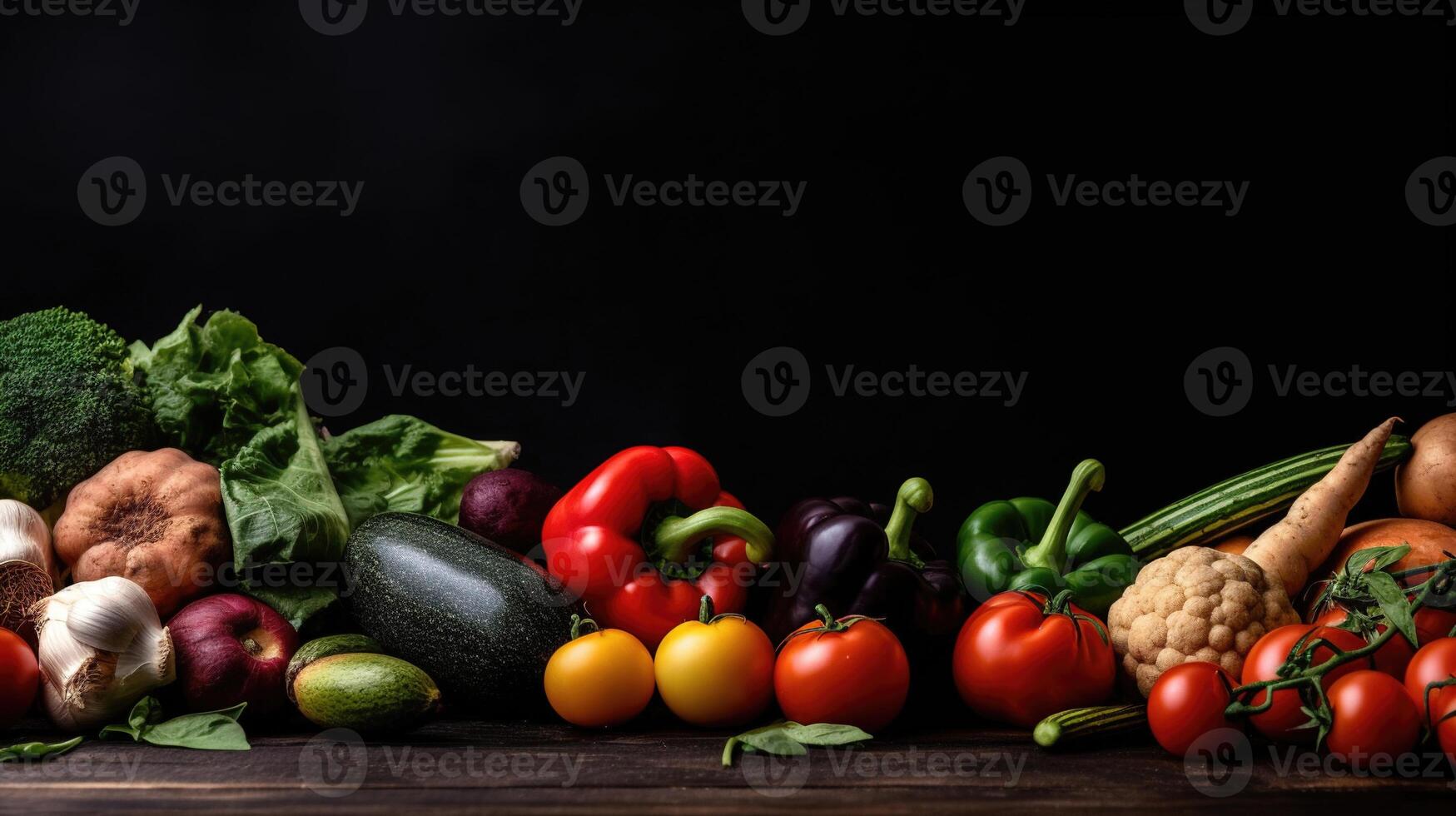 Fresh Veggie Border. Organic vegetables on natural black background. Ideal for healthy food designs. photo