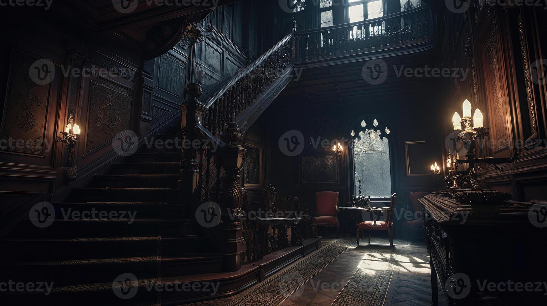 Dark gothic mansion hall in victorian style interior with staircase and lamp holders. photo
