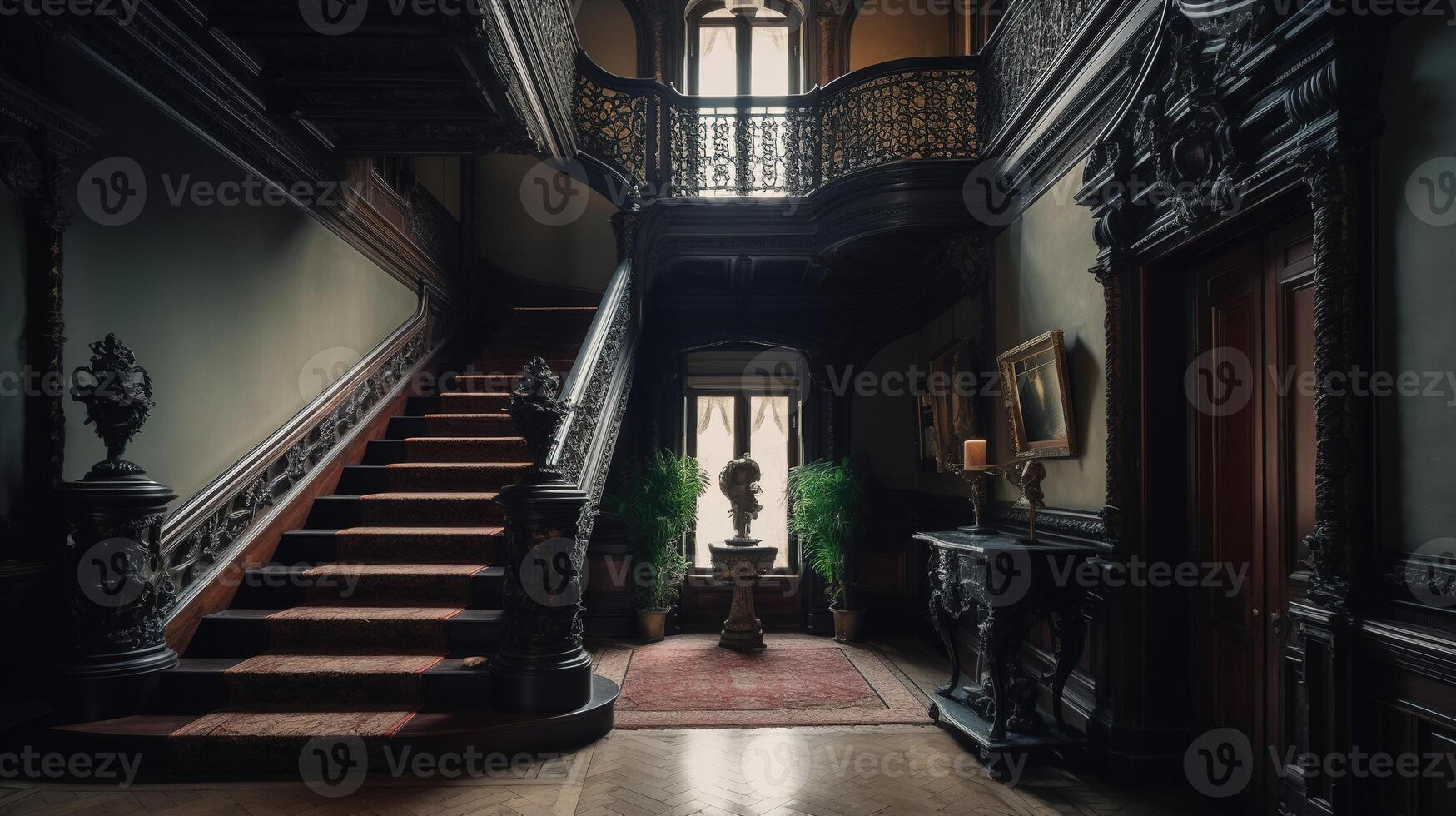Dark gothic mansion hall in victorian style interior with staircase and