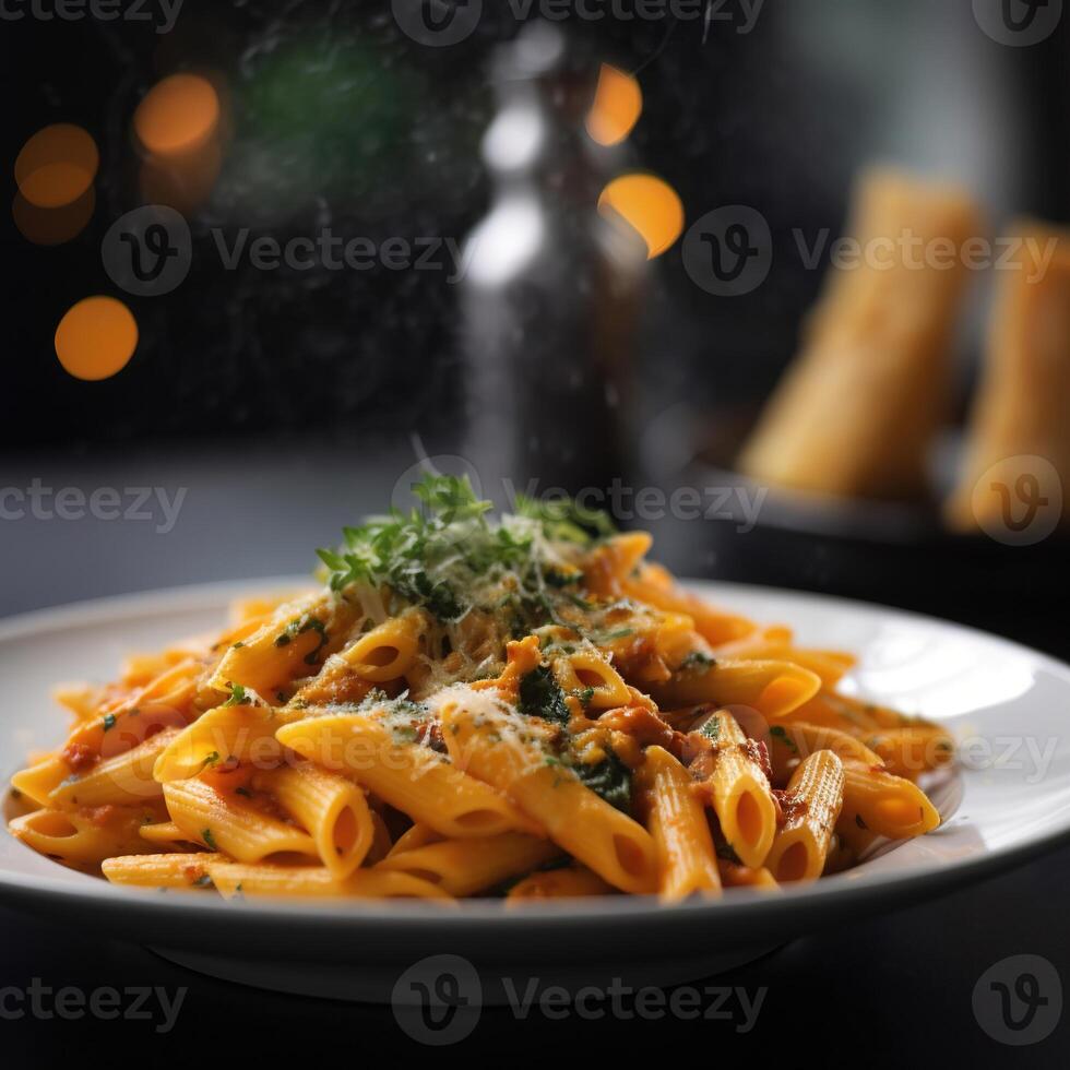 delicioso pasta plato con salsa en oscuro antecedentes. Perfecto para comida y italiano cocina temas generativo ai foto