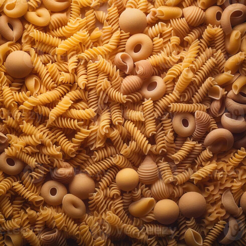 Uncooked pasta set on dark rustic background. Food poster. photo