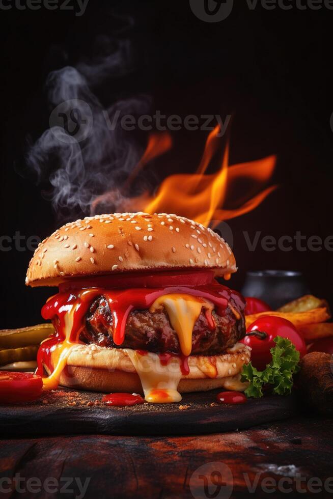 Delicious burger, grilled to perfection. Perfect for posters and menus. Flames add an extra touch. . photo