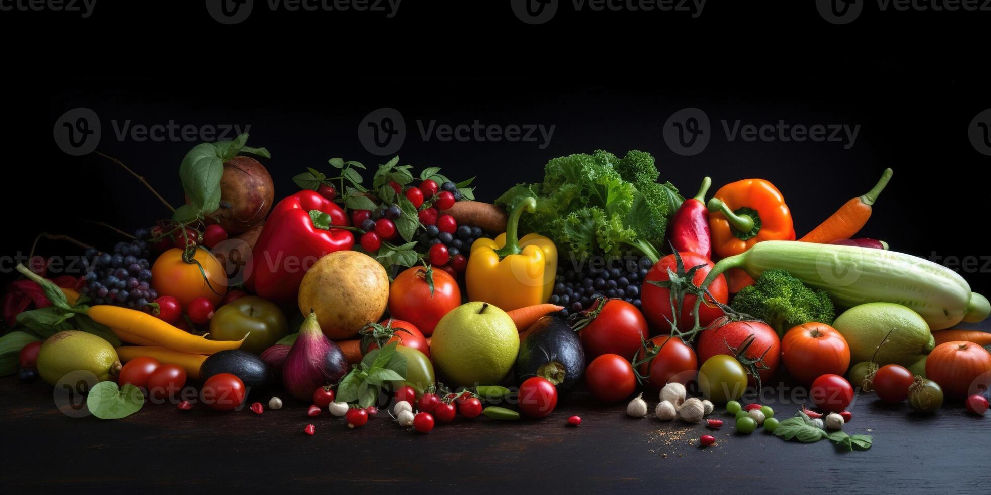 Fresh Veggie Border. Organic vegetables on natural black background. Ideal for healthy food designs. photo