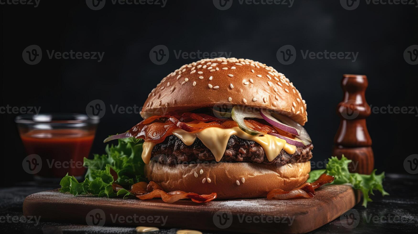 Delicious Burger Delight. Juicy patty, melted cheese, and crisp veggies on a dark backdrop. Perfectly satisfying. photo