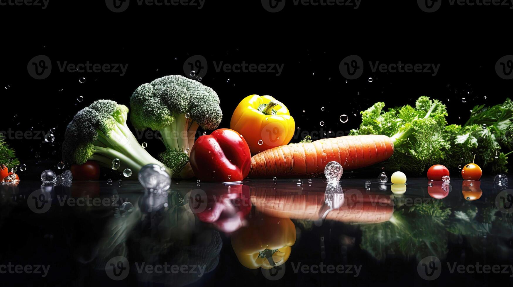 Black background with an assortment of fresh vegetables, fruits, and water splashes. Healthy food. . photo