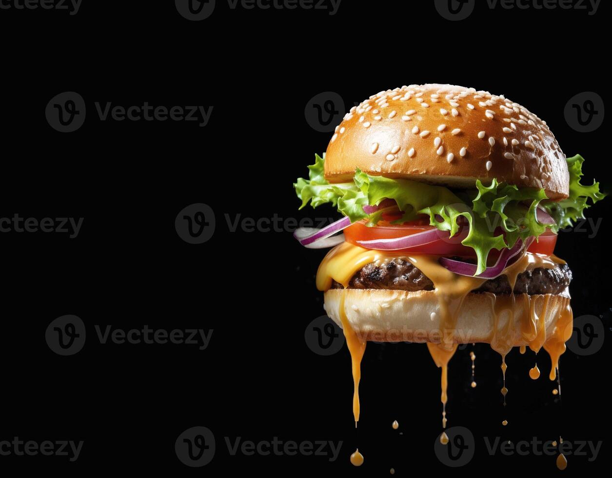 Big and tasty Cheese burger on black background with copy space for your text. Food poster. photo