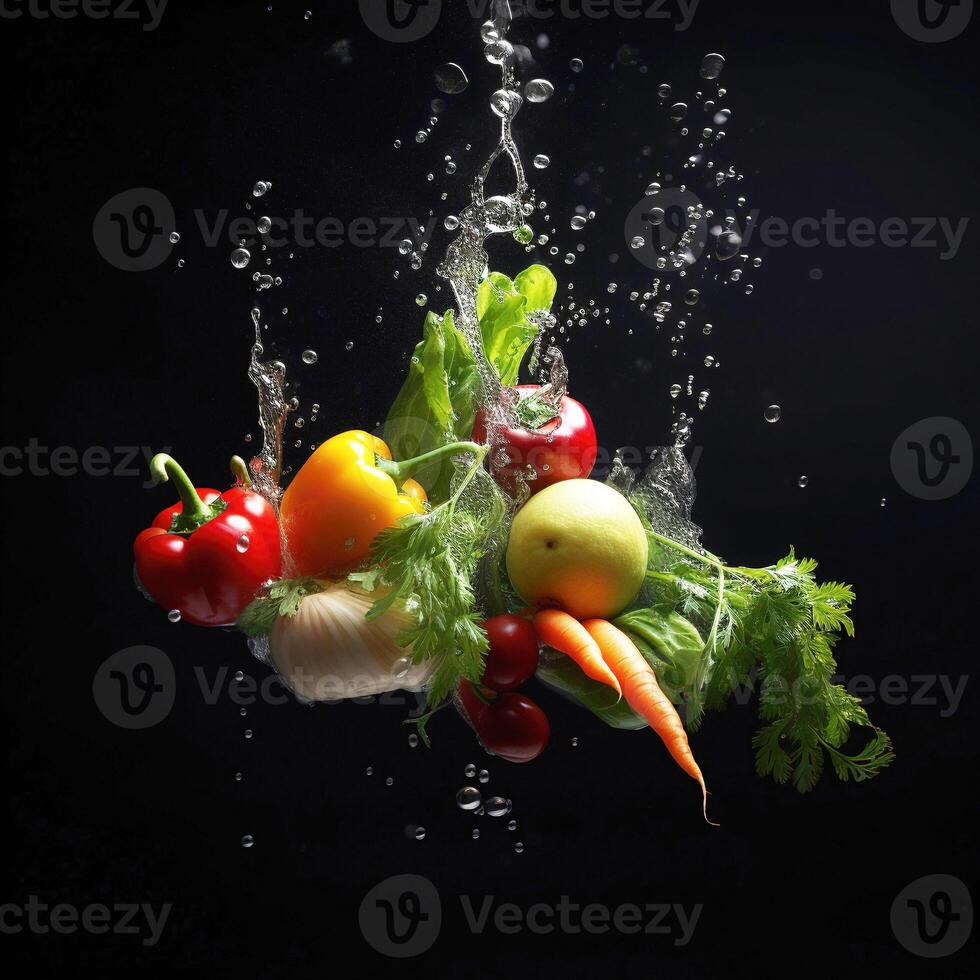 Black background with an assortment of fresh vegetables, fruits, and water splashes. Healthy food. . photo