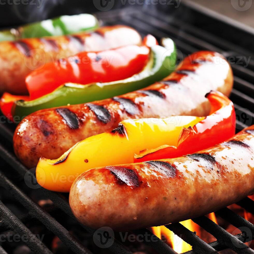 Grilled sausages and vegetables on a flaming BBQ grill. A delicious food poster for summer dining. photo