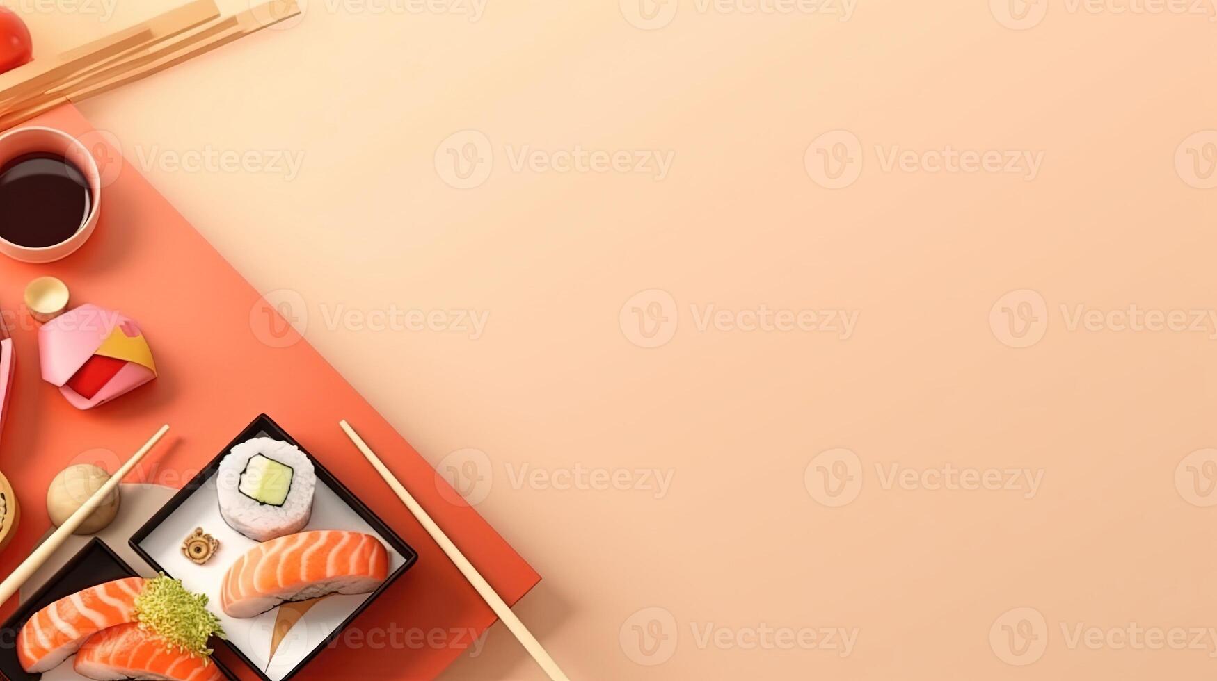 Freshly made sushi rolls isolated on a pastel background, perfect for food themed designs. Food poster template. photo