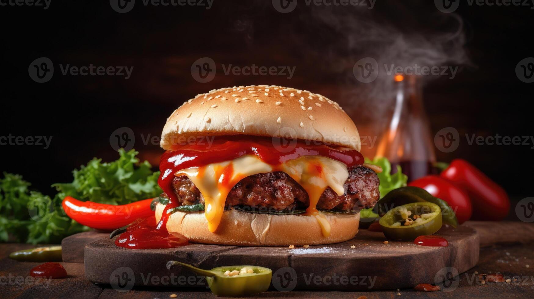 Delicious burger, grilled to perfection. Perfect for posters and menus. Flames add an extra touch. . photo