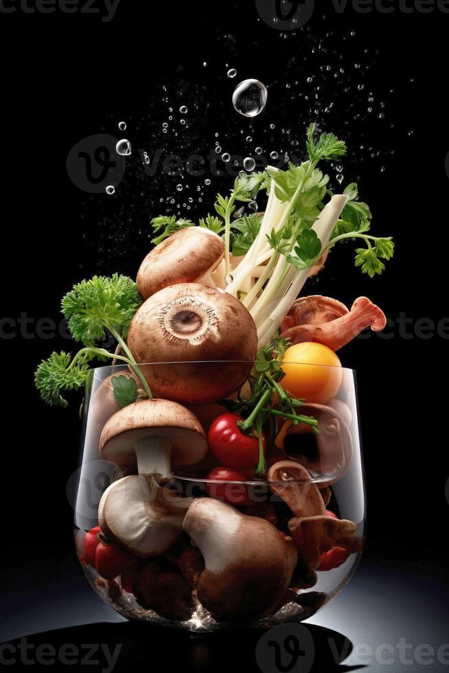 Realistic fresh vegetables, greens, and mushrooms on a black background with water droplets. . photo