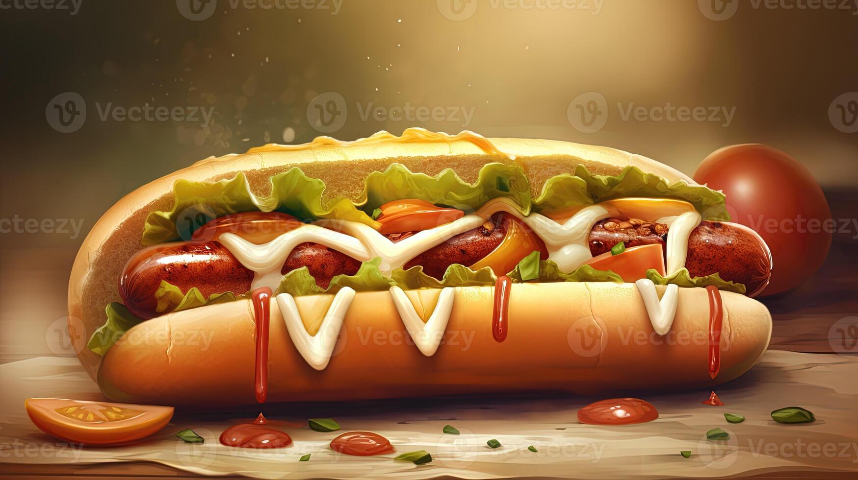 Juicy Hotdog with Spices, Toppings, Ketchup, Mayonnaise, and Fresh Salad. Colorful and Appetizing Against Dark Background. photo