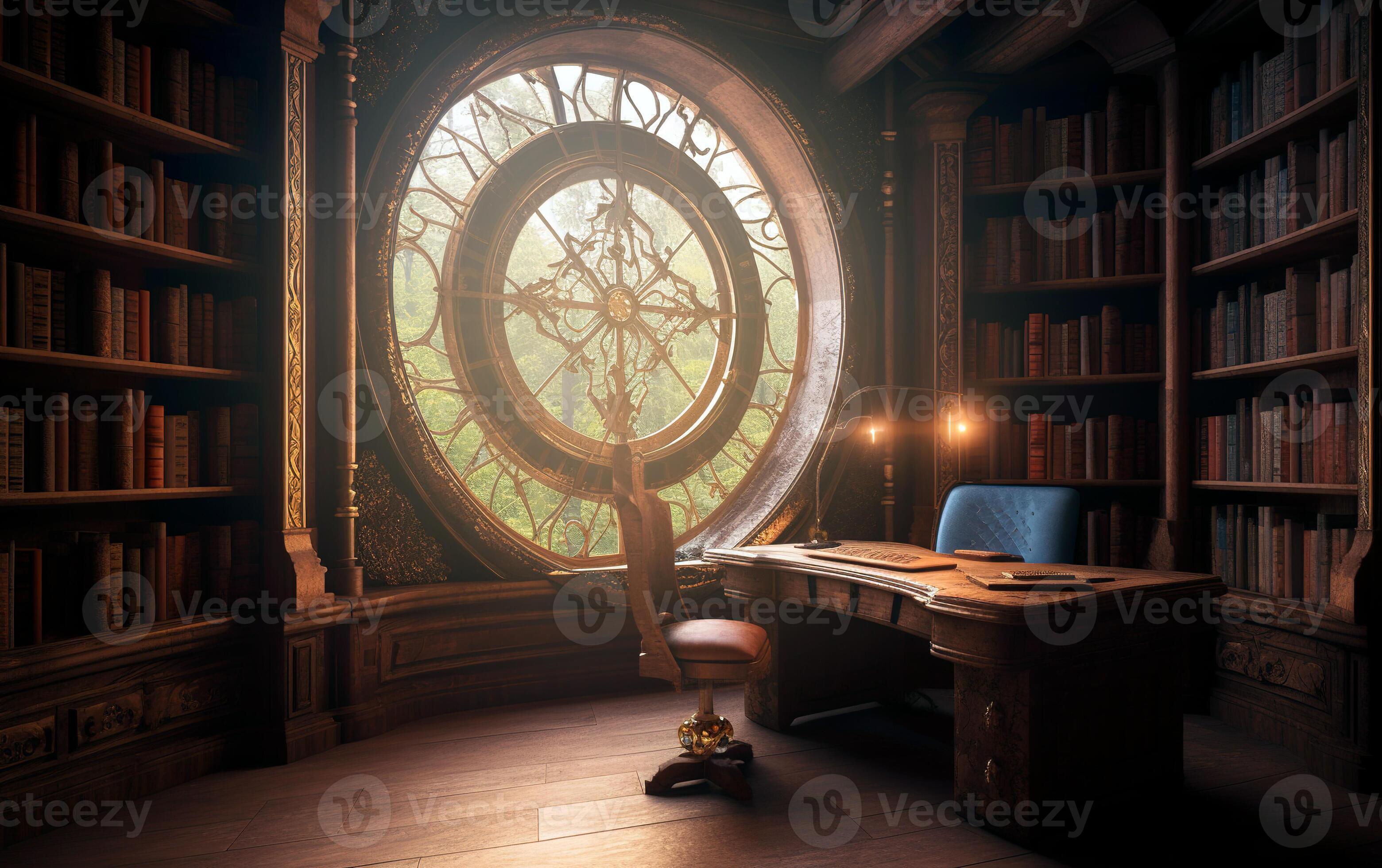 Vintage retro library with large circle window and sun rays. . 23776253 ...
