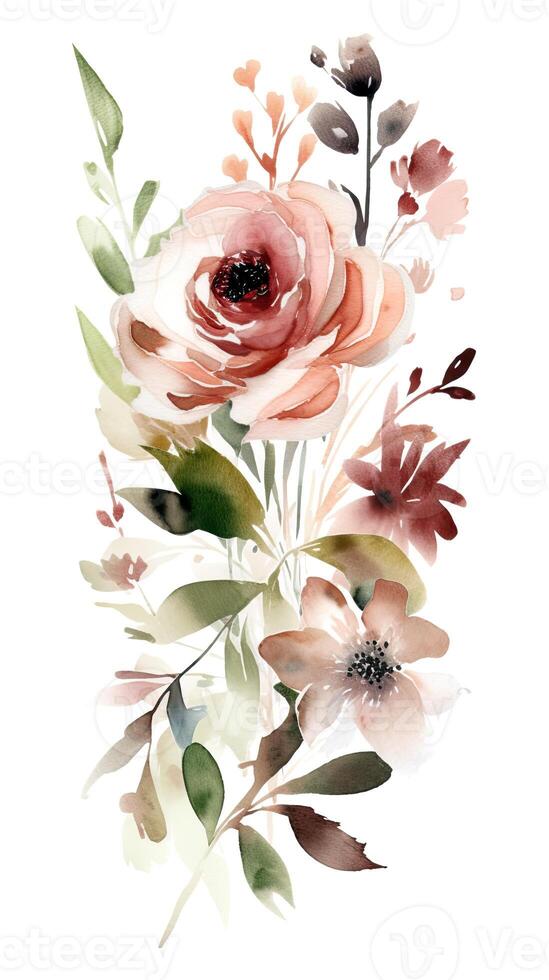 Watercolor illustration design of beautiful flowers over white background. . photo