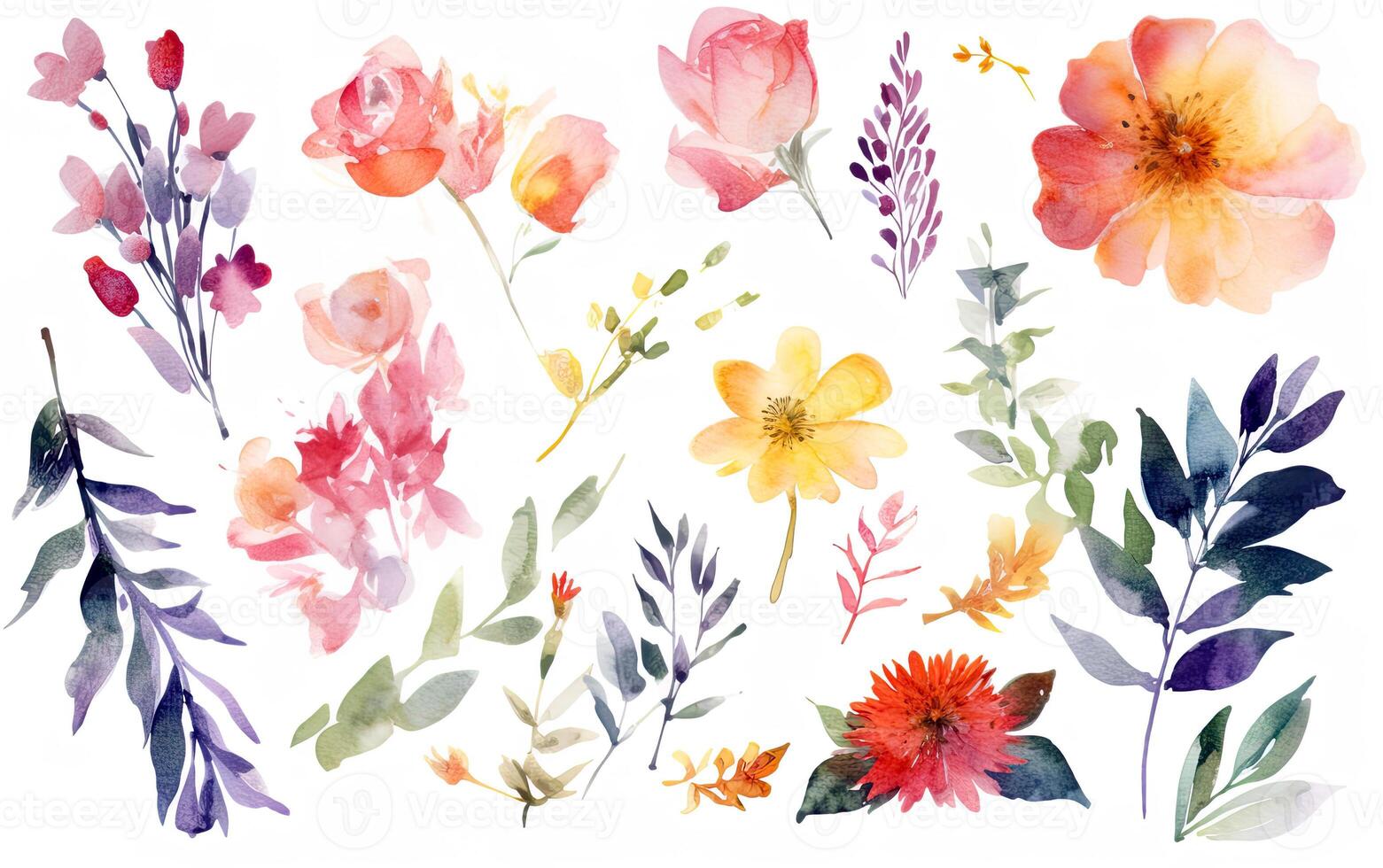 Watercolor illustration design of beautiful flowers over white background. . photo