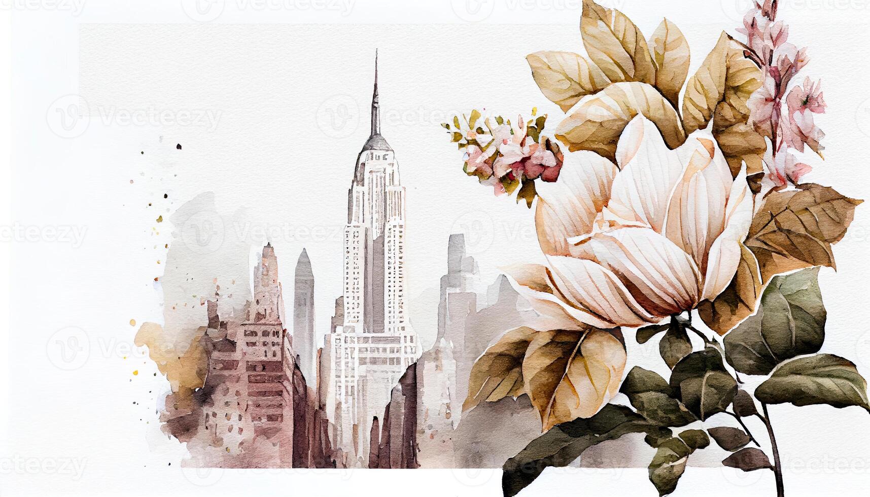 Watercolor illustration design of beautiful flowers over white background with beautiful architecture buildings. . photo